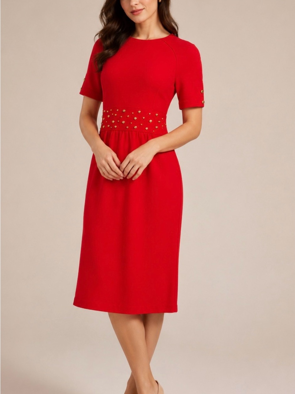 Vintage Adrienne Vittadini Red Studded Sheath Dress Gold Detail Petite 4